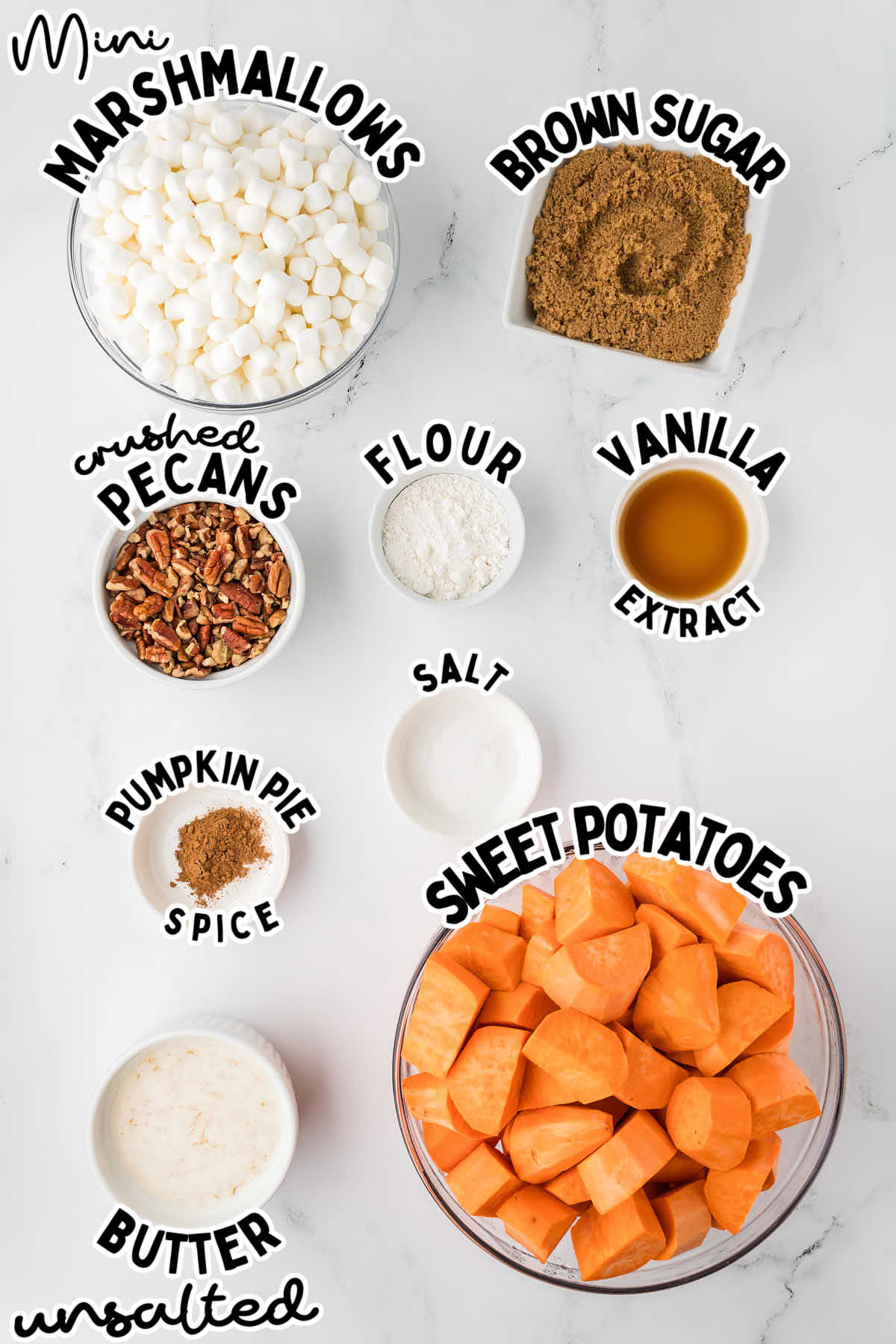 Ingredients needed to make a classic Sweet Potato Casserole.