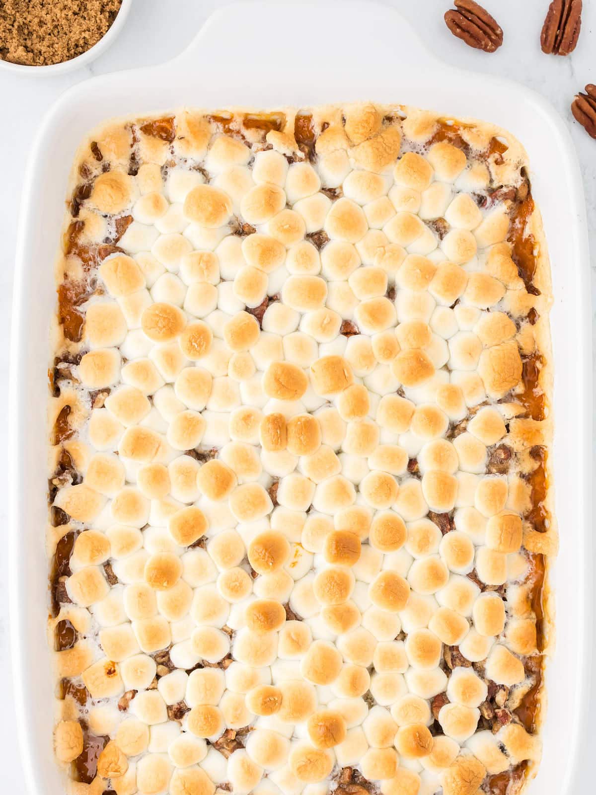 Topdown view of a Sweet Potato Casserole fresh from the oven.