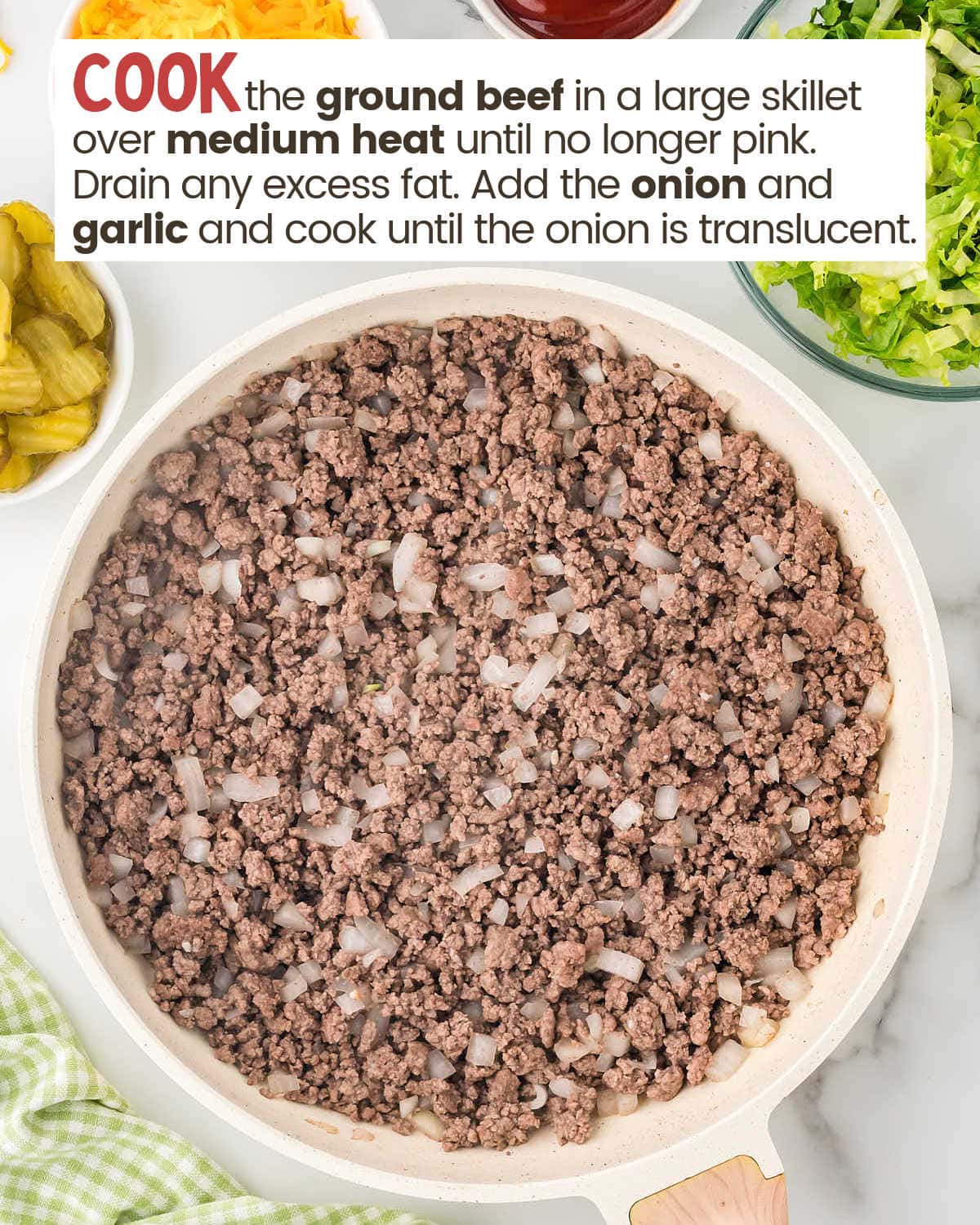 Ground beef, onion, and garlic in a skillet. 