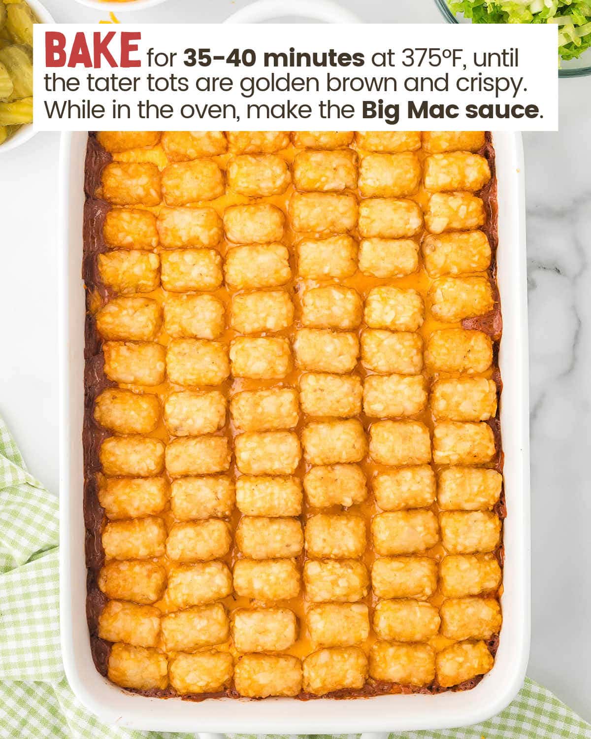 Big Mac tater tot casserole in a dish.
