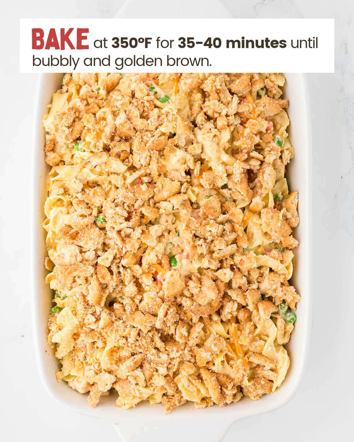 Baked Chicken and Noodle casserole in a baking dish.