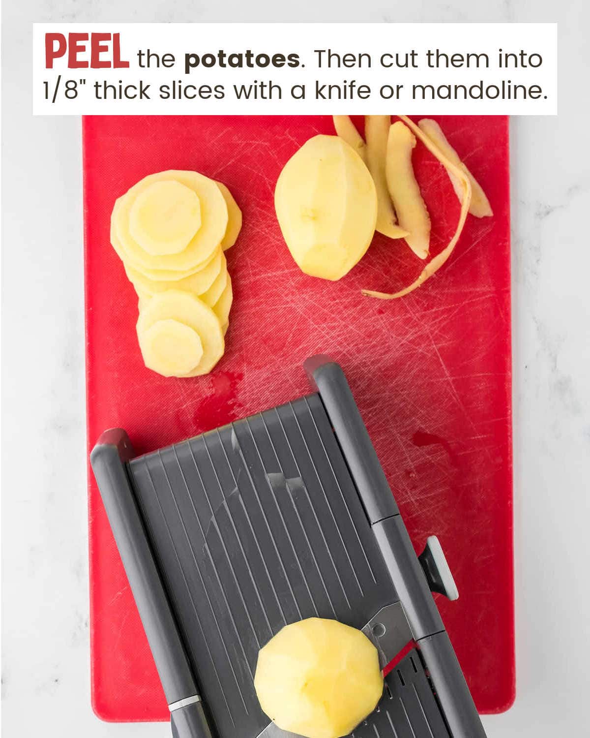 Potato slices on a cutting board with a mandoline slicer with instructions in a text box. 
