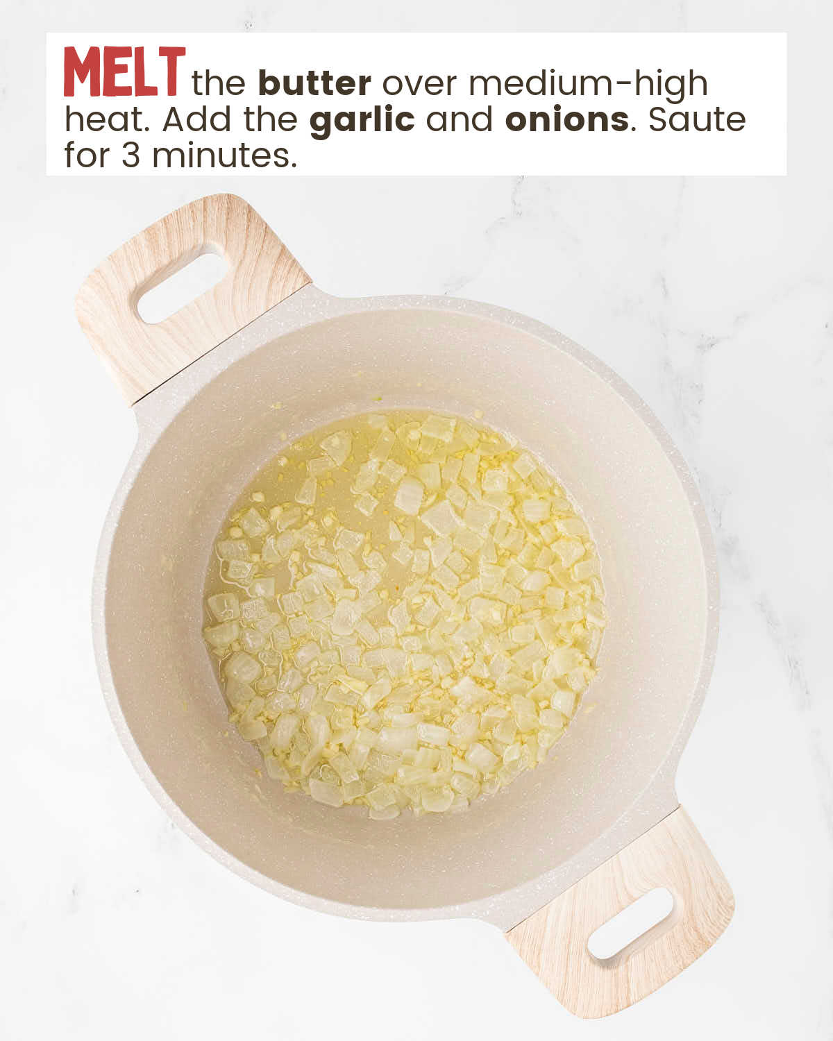 Butter, onions, and garlic in a cooking pot with instructions in a text box.