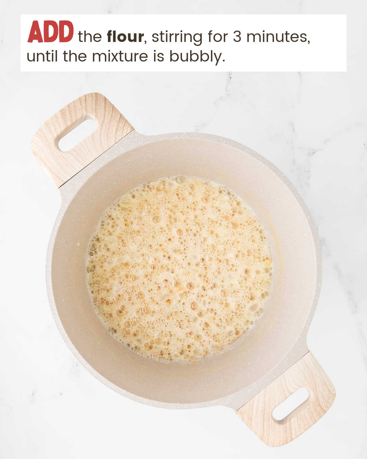 Butter, onions, and garlic sautéing in a cooking pot with instructions in a text box.