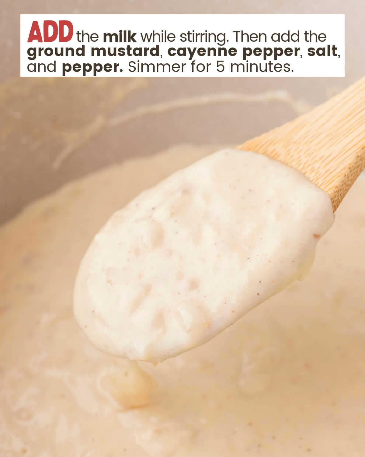 A wooden spoon lifts a rue mixture in a pot with instructions in a text box.