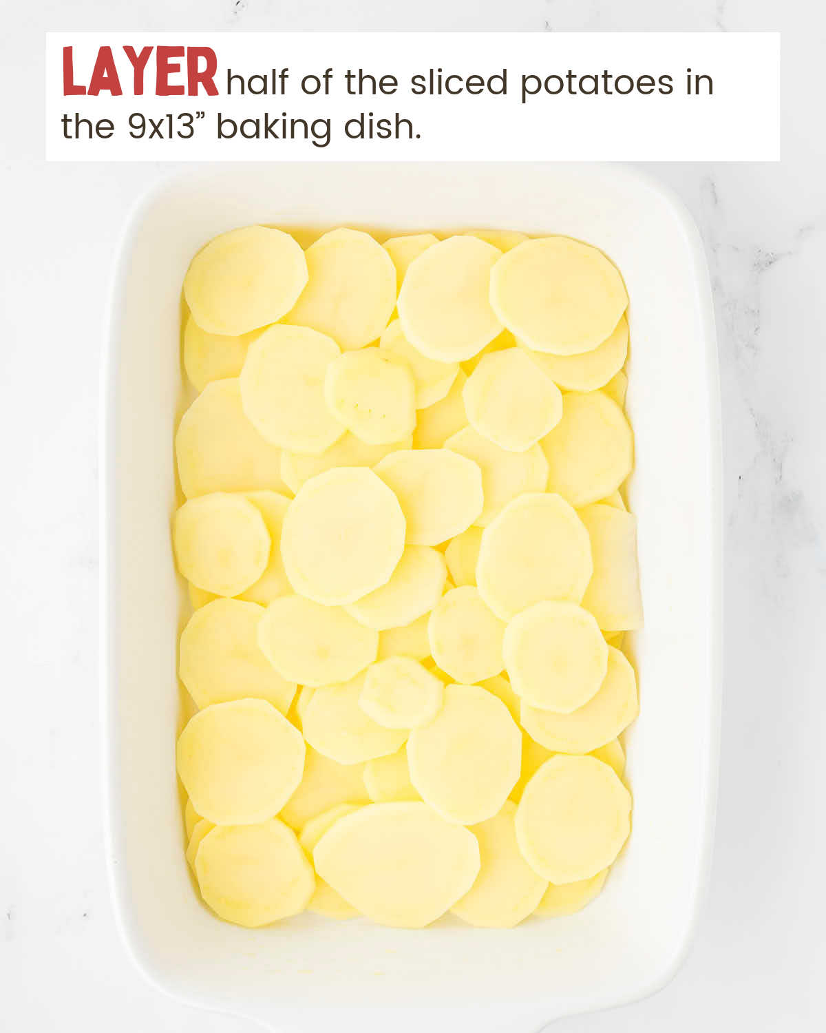 Thinly sliced potatoes in a baking dish with instructions in a text box.
