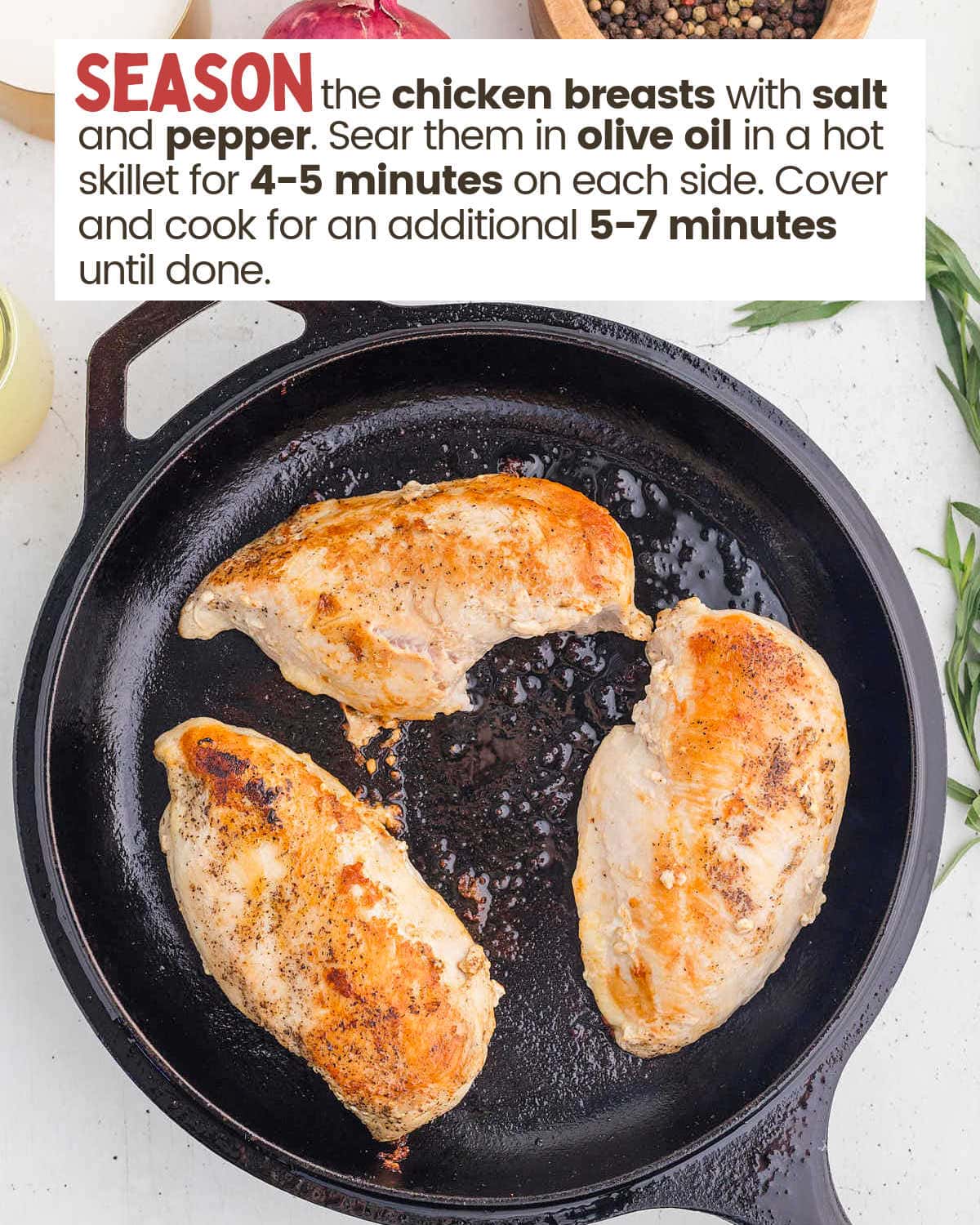 Chicken breasts are being seared in a hot skillet.