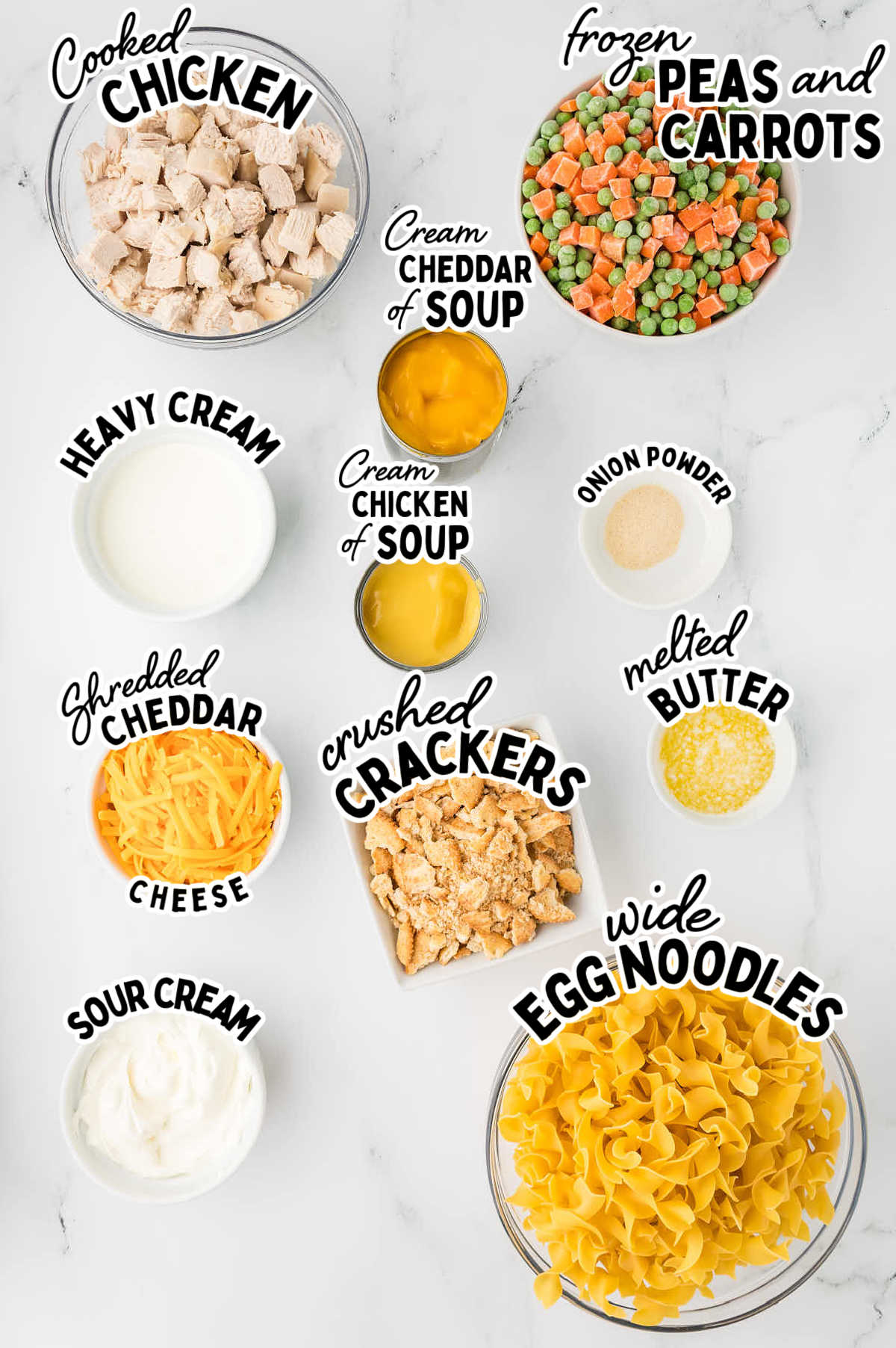 Ingredients needed to make a Chicken and Noodle Casserole.