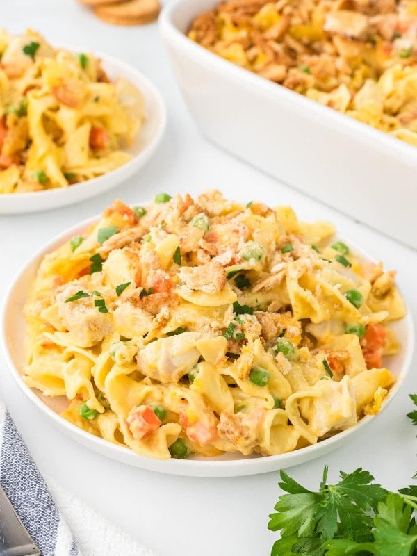 A plate of a Chicken Noodle Casserole on a white plate.