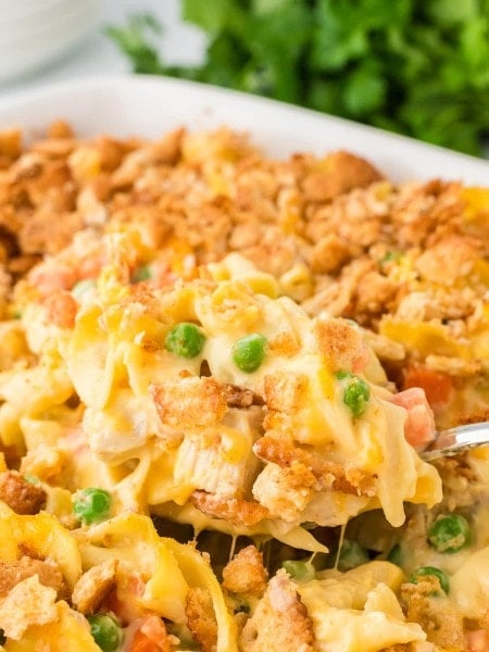 A serving spoon full of Chicken and Noodle casserole.