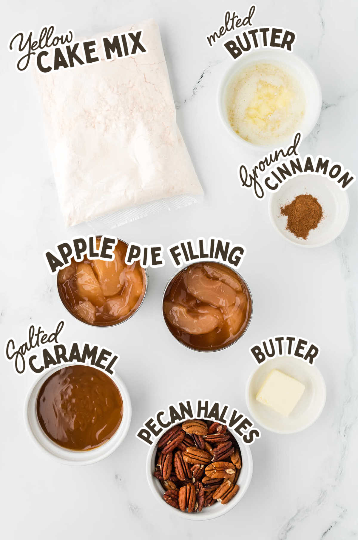 Ingredients needed to make a Slow Cooker Apple Dump Cake. 