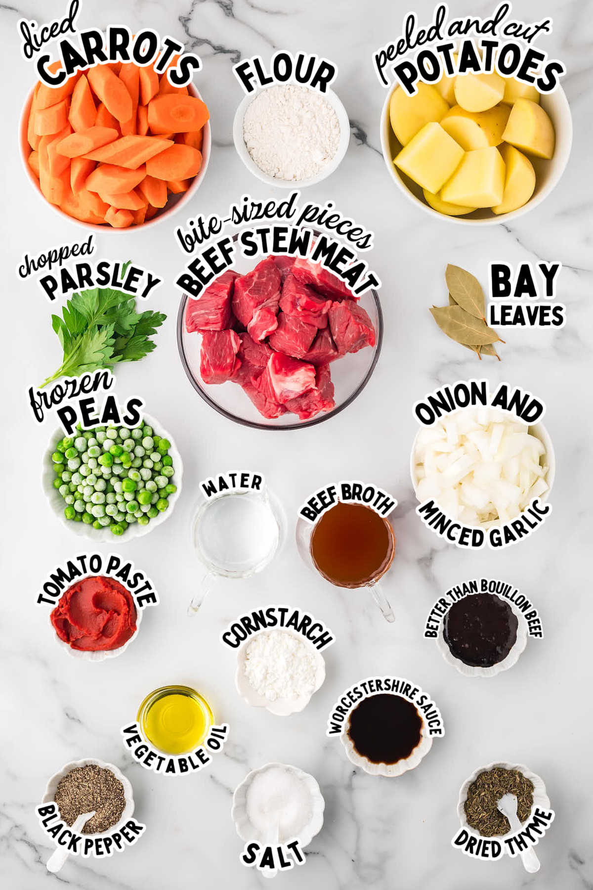 Ingredients needed to make Crockpot Beef Stew.