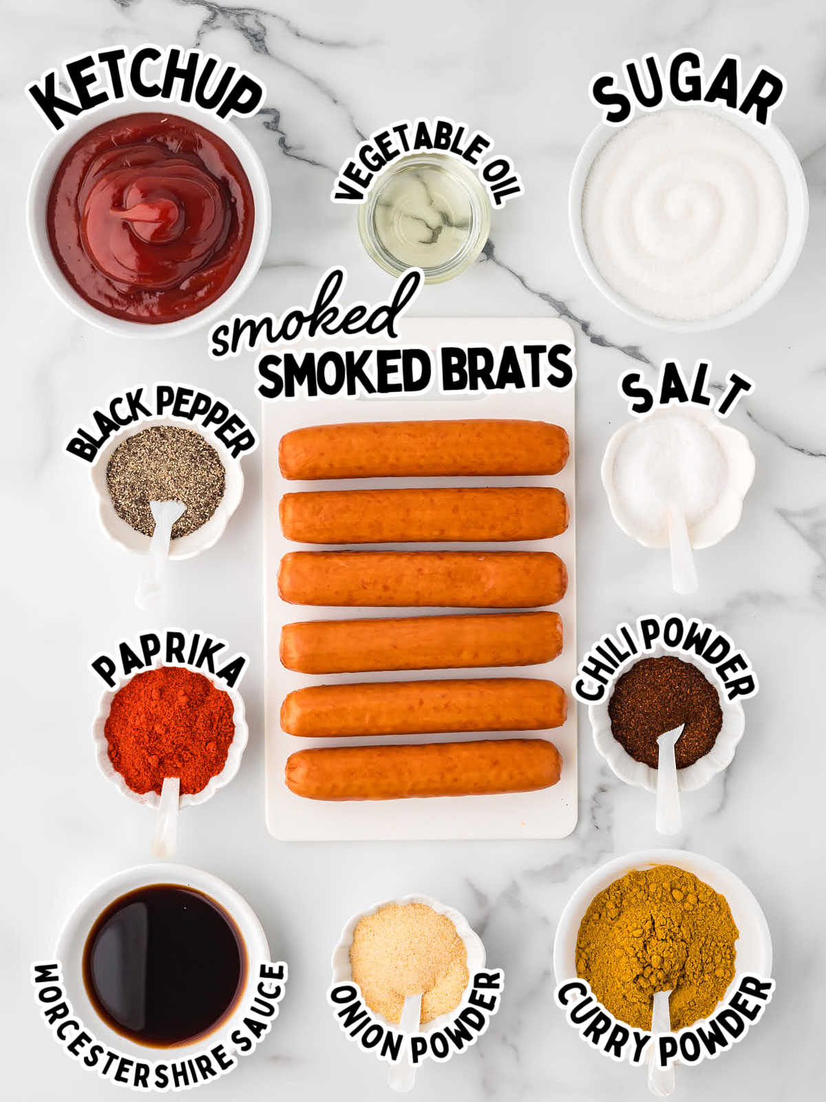 Ingredients needed to make a classic German Currywurst at home.