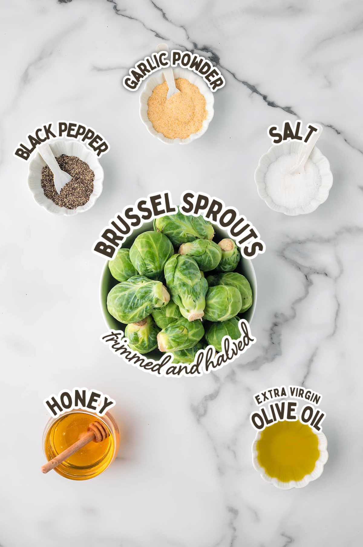 Ingredients needed to make Honey Roasted Brussels Sprouts.