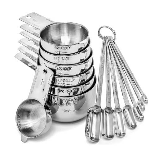 Set of stainless steel measuring spoons and cups.