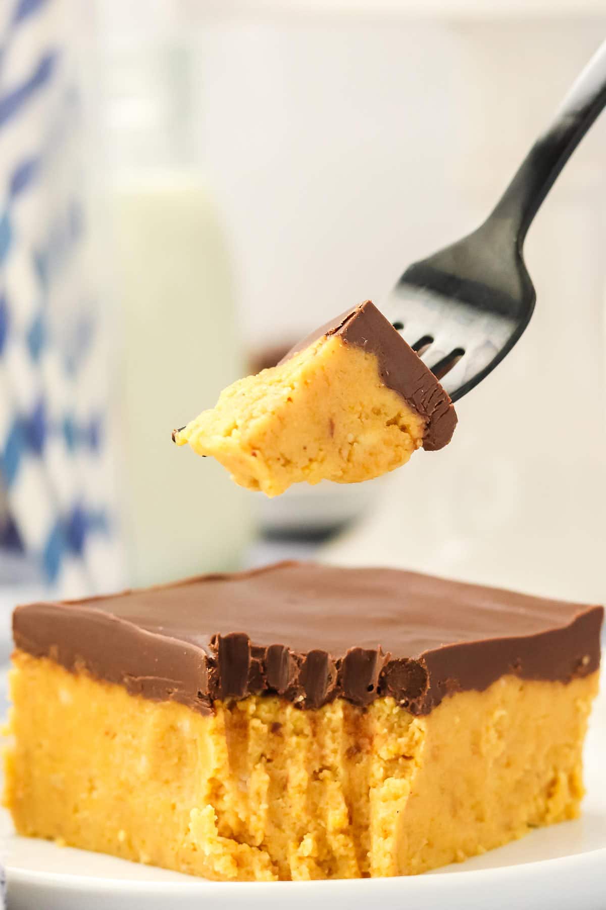 Closeup of a forkful of Peanut Butter Bars.