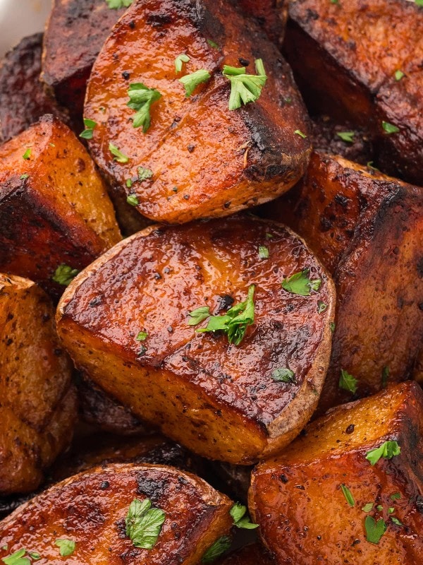 Closeup of super crispy oven-roasted Roasted Potatoes.