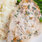 Tarragon Chicken with mashed potatoes and green beans.