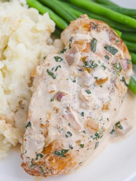 Tarragon Chicken with mashed potatoes and green beans.