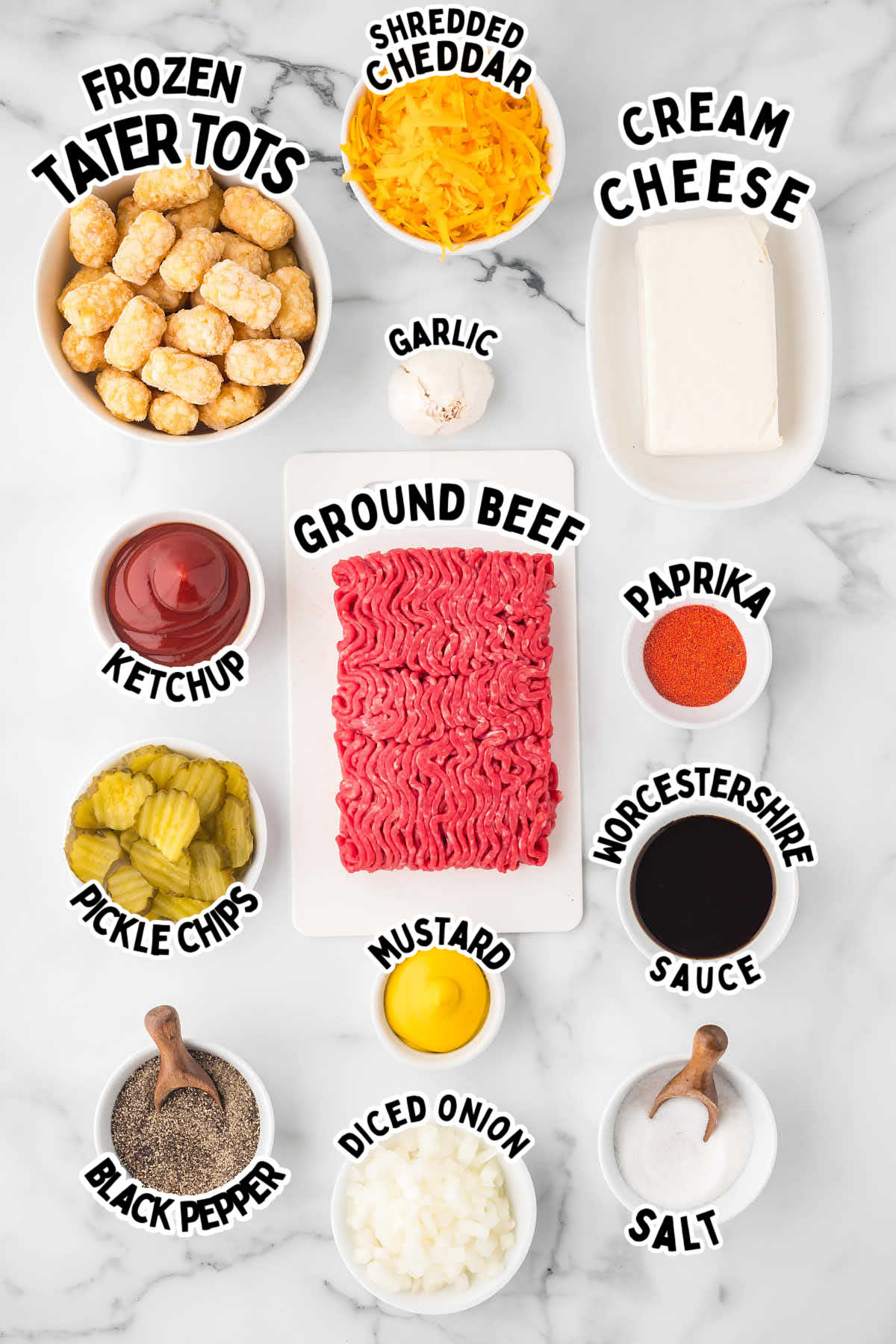 Ingredients needed to make a Tater Tot Big Mac Casserole.