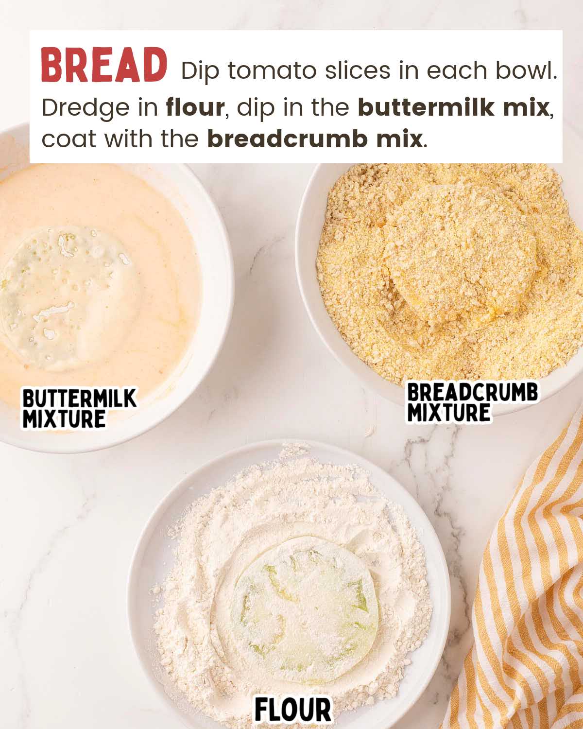 3 Bowls with ingredients to bread tomatoes.