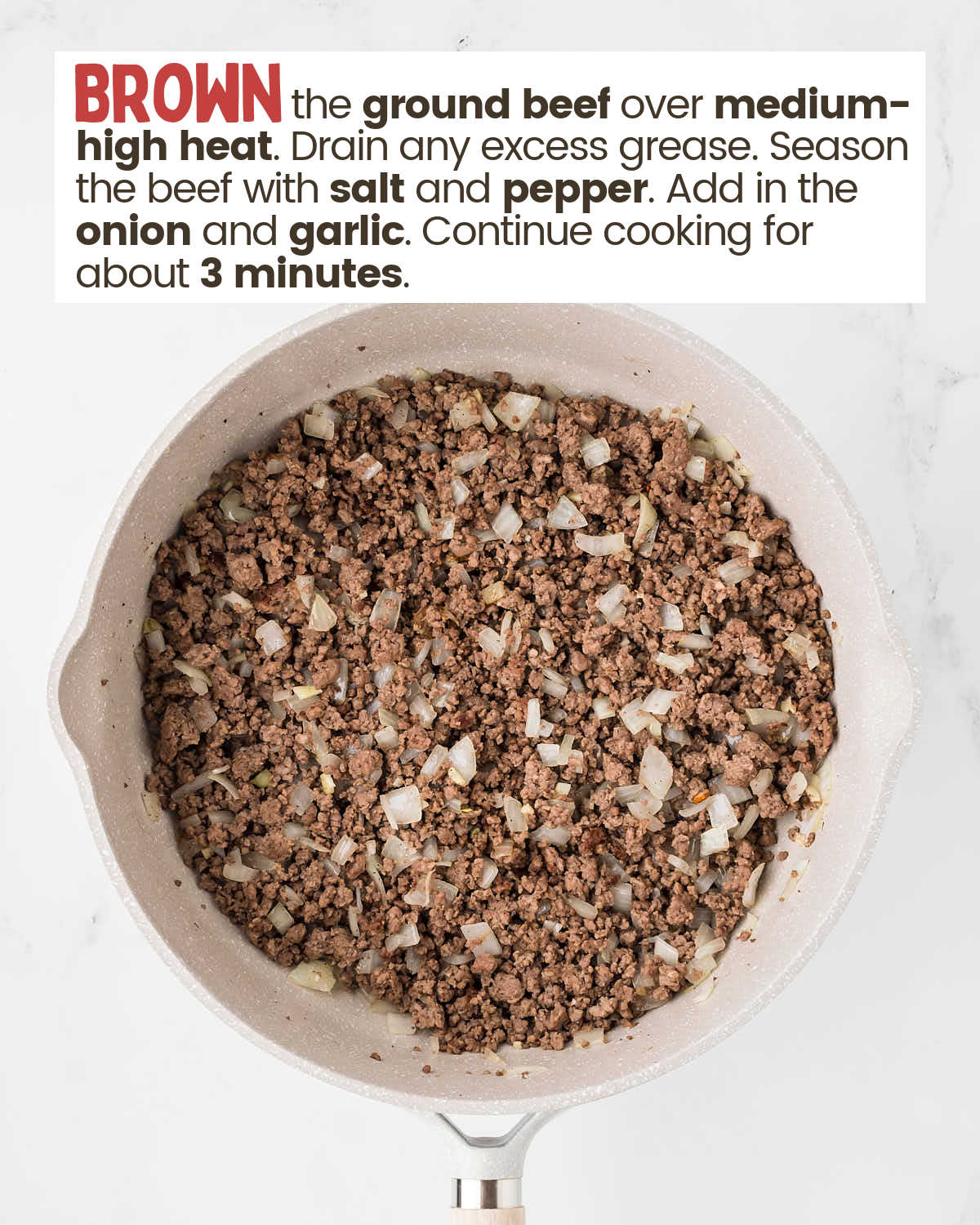 Ground beef and onions in a skillet. 