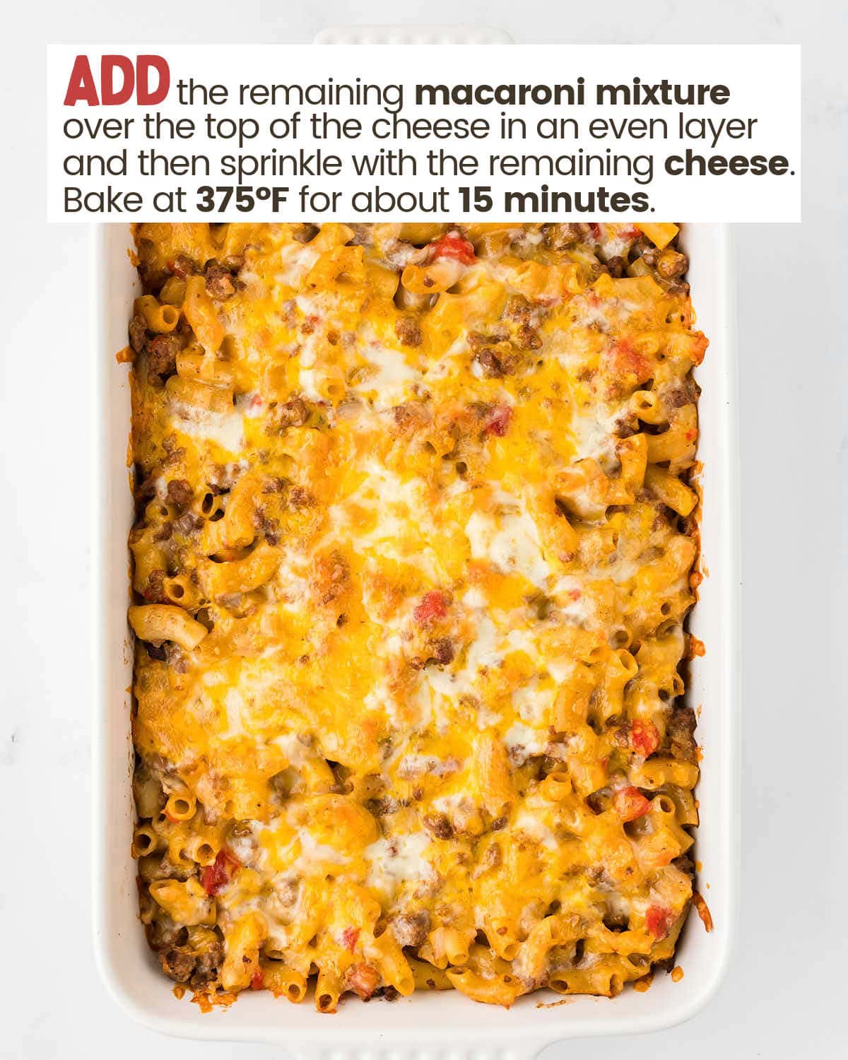 baked hamburger casserole in dish.