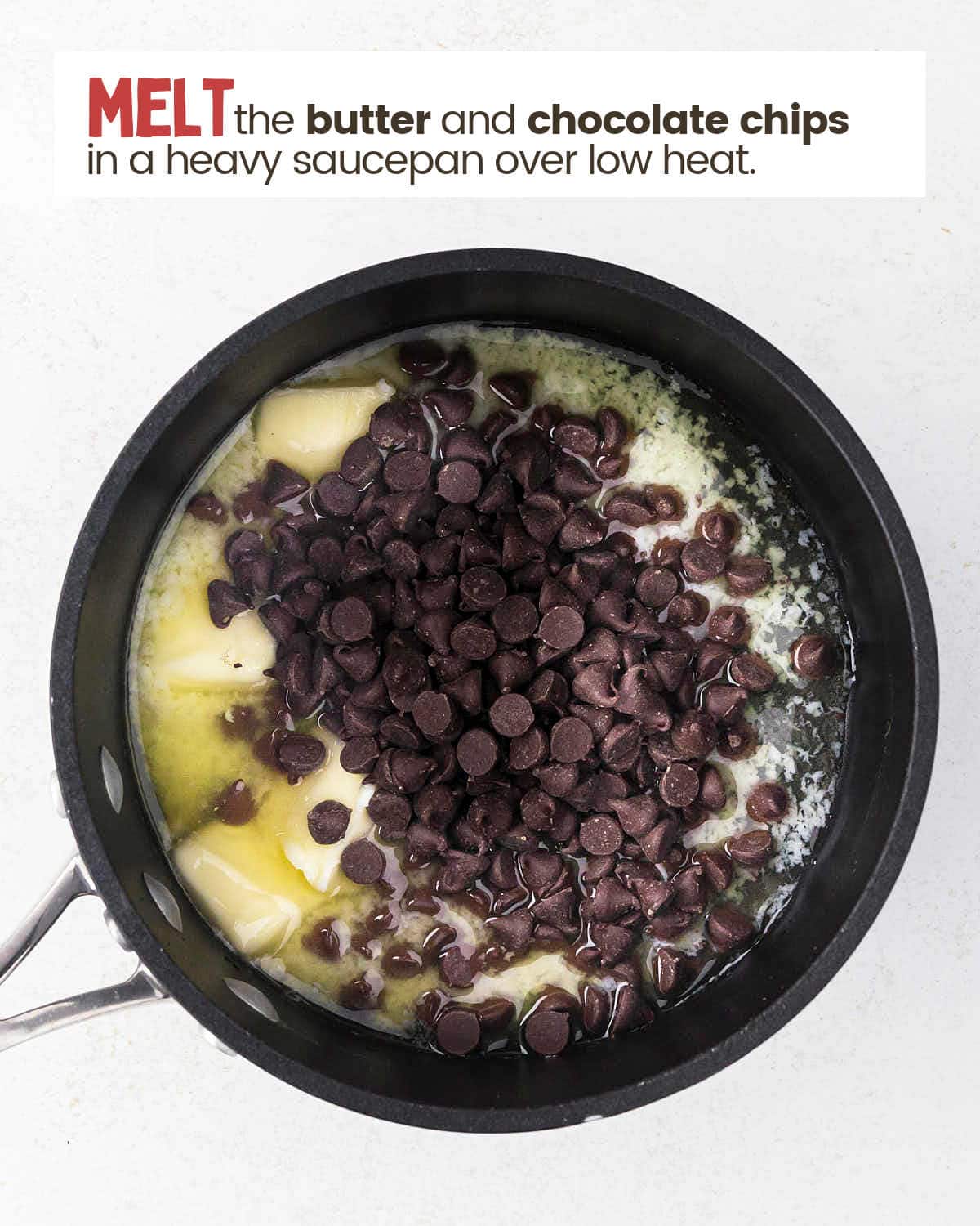 Butter and chocolate chips melting in a saucepan. 