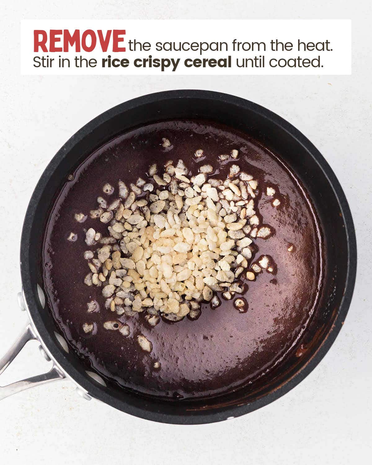 Rice crispy cereal onto of melted chocolate chips and better in a saucepan.