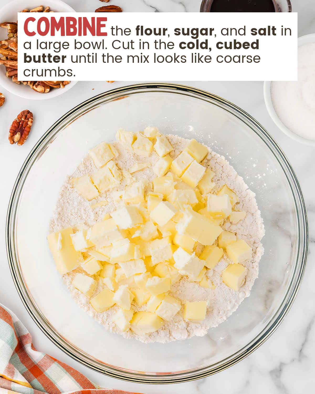 Pie crust ingredients in a mixing bowl. 
