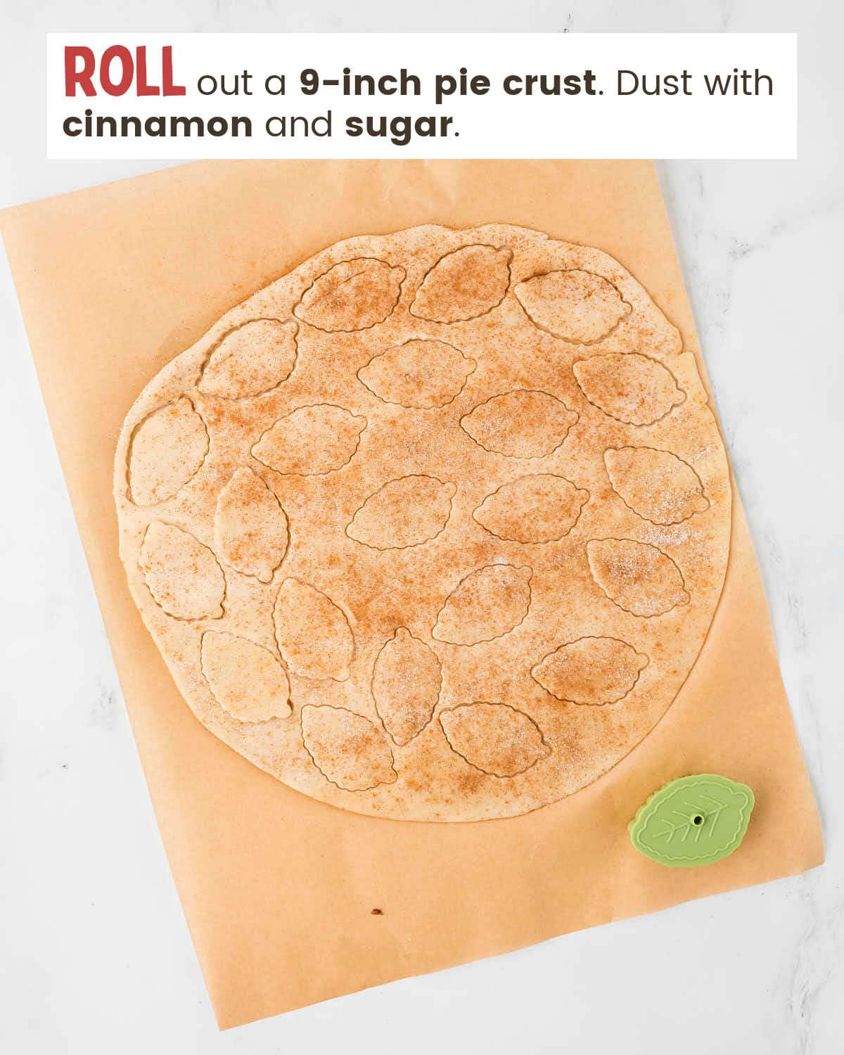 Rolled out pie crust with a leaf-shaped cookie cutter.
