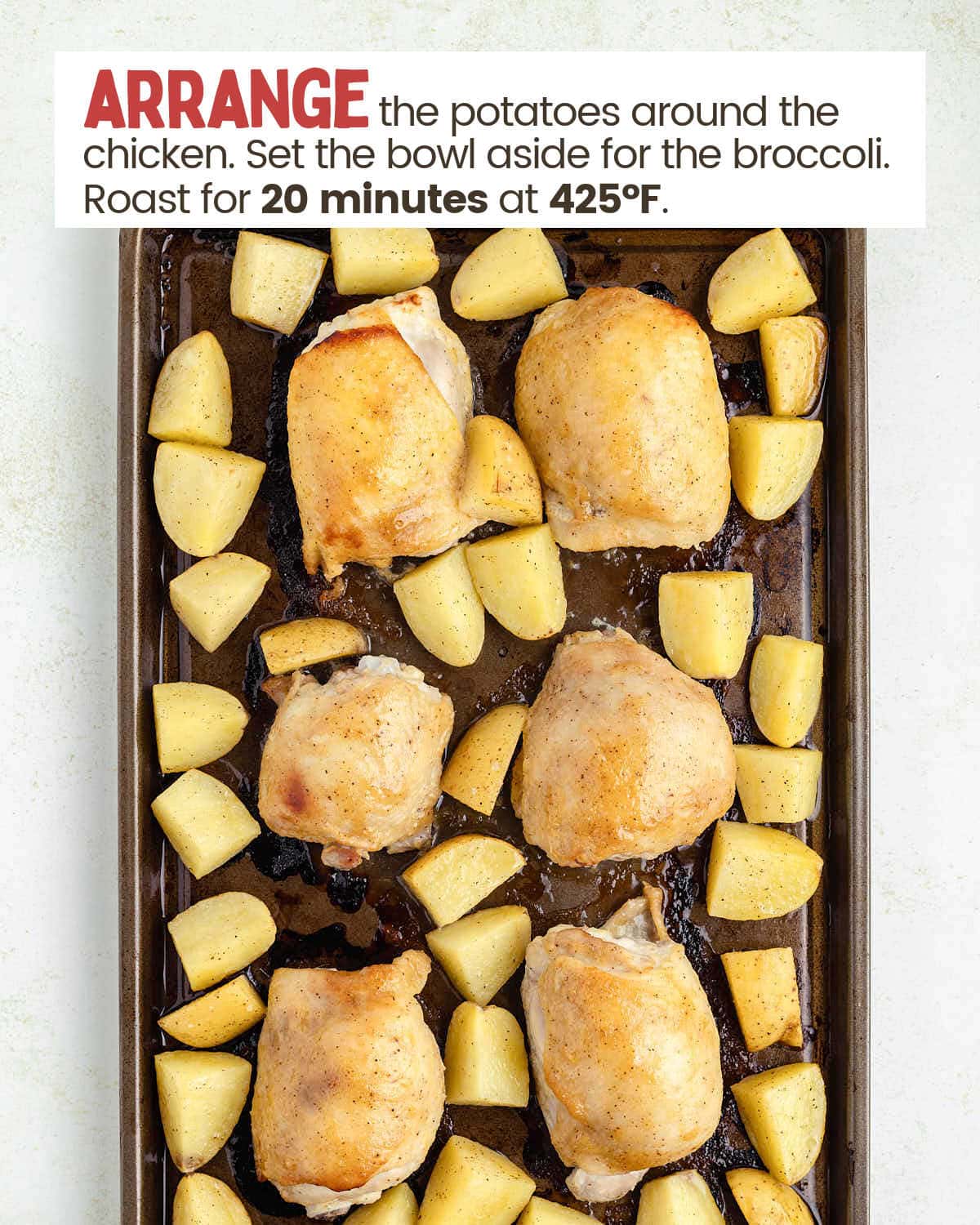 Chicken thighs and potatoes on a sheet pan.
