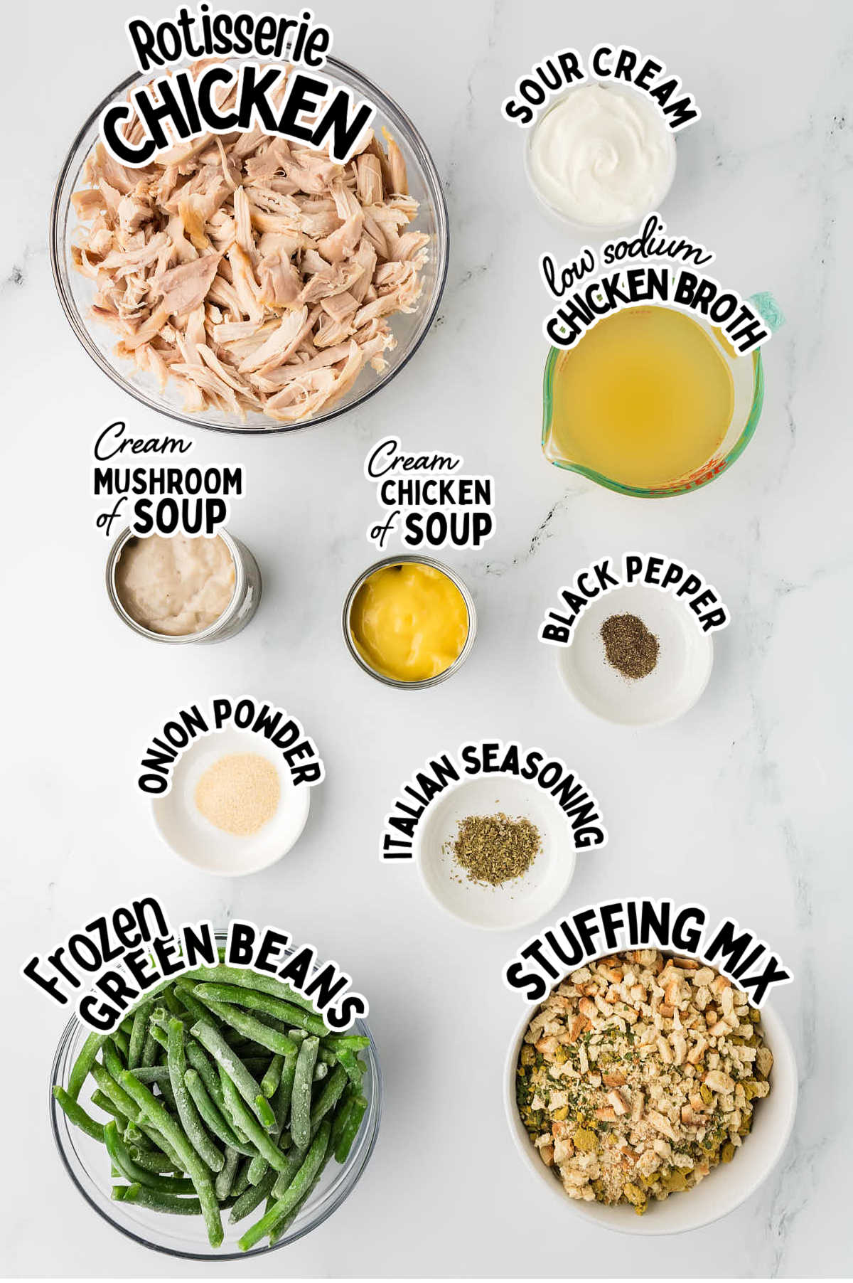 Ingredients needed to make a Chicken and Stuffing Casserole. 