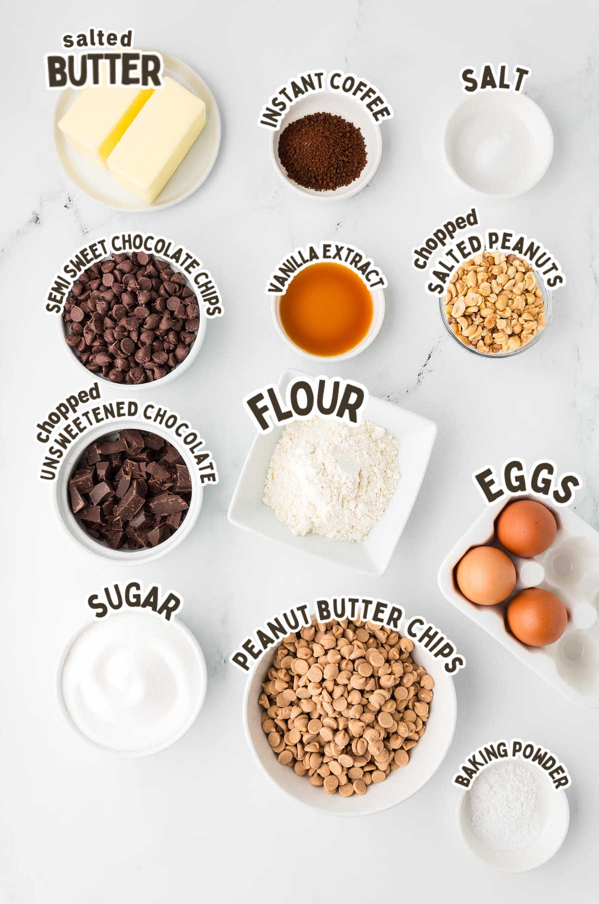 Ingredients needed to make Chocolate Peanut Butter Brownie recipes.