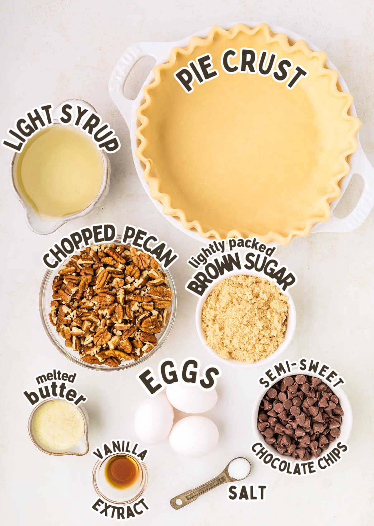 Ingredients needed to make Chocolate Pecan Pie.