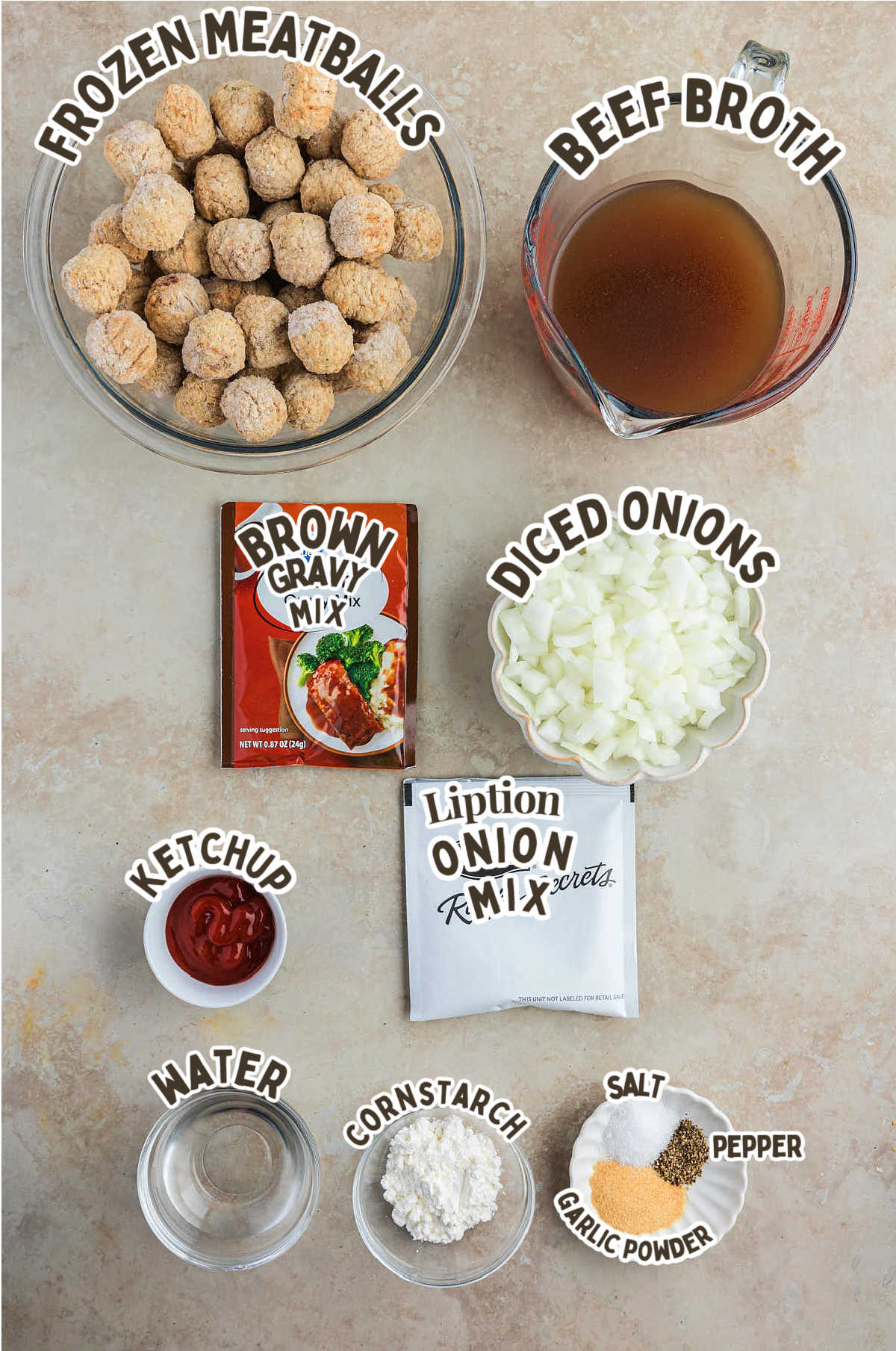 Ingredients needed to make Crockpot Meatballs and Gravy.