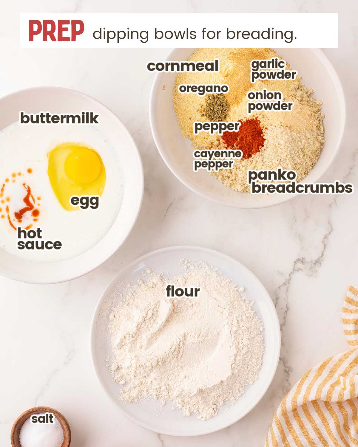 3 Bowls with ingredients to bread tomatoes. 
