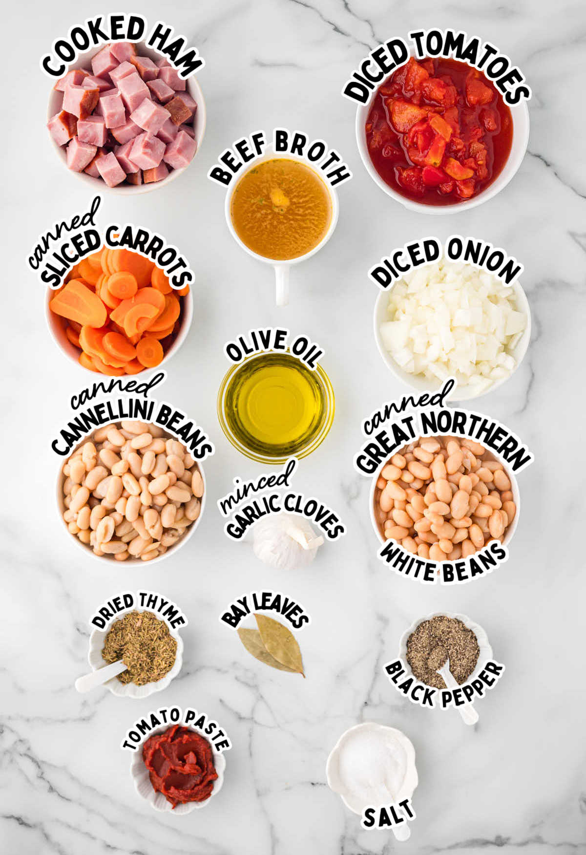 Ingredients needed to make a Ham and Bean Soup.