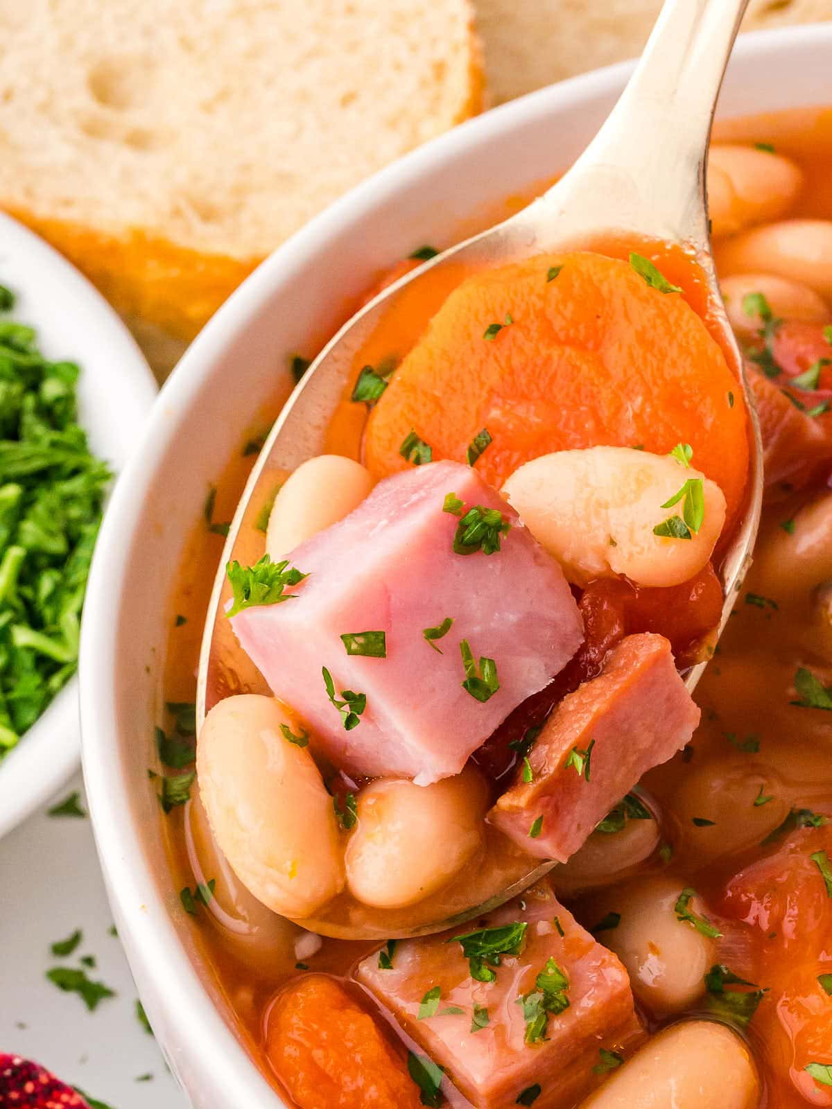 A spoonful of Ham and Bean Soup. 