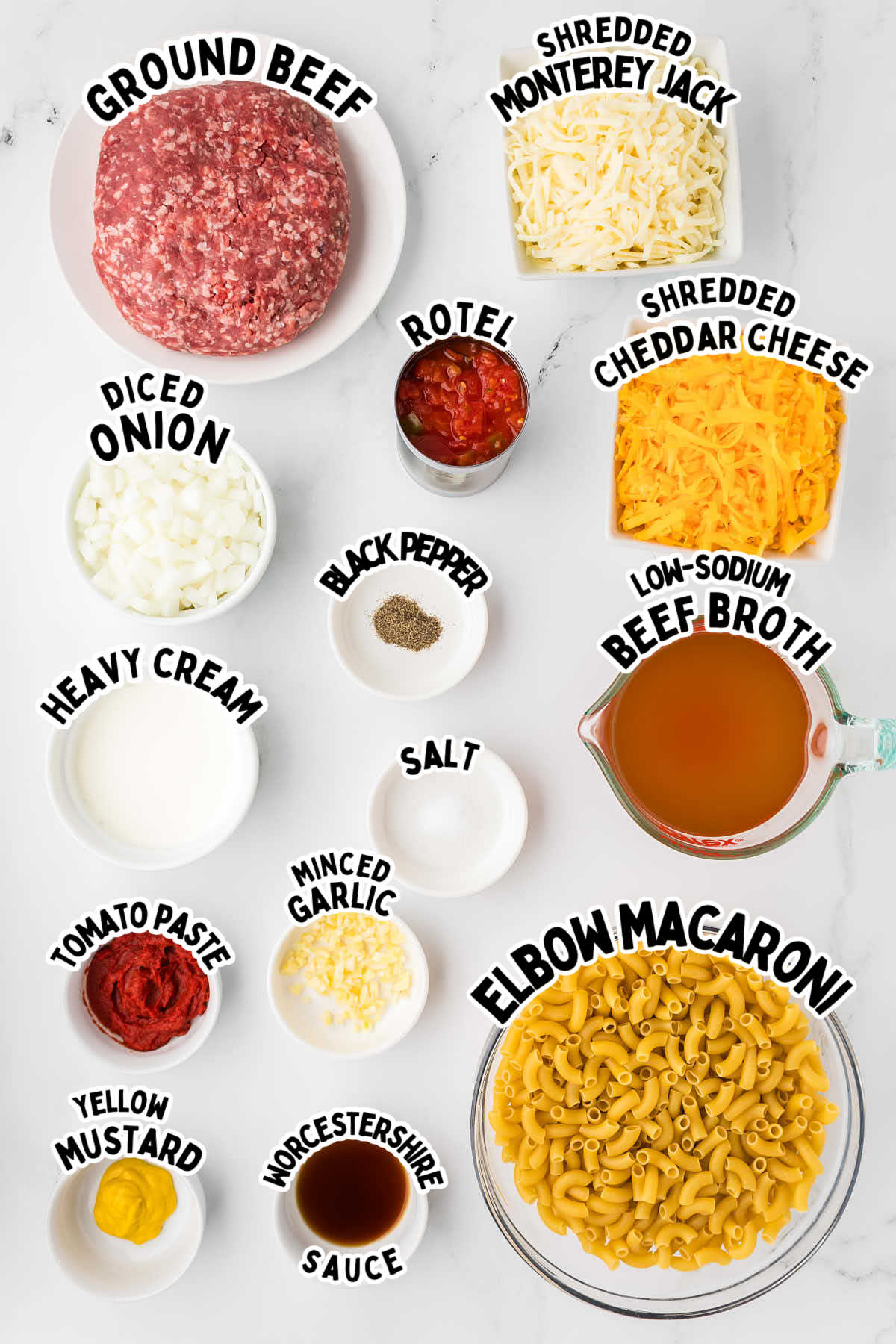 Ingredients needed to make a Hamburger Casserole.