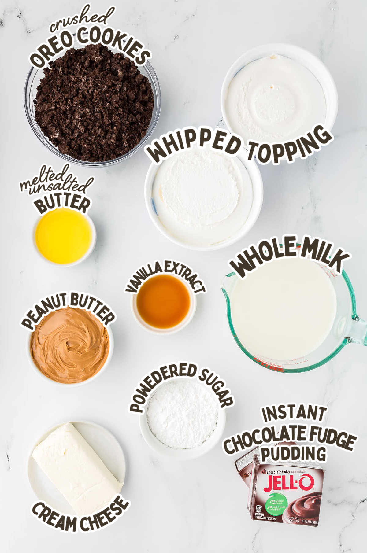 Ingredients needed to make No-Bake Peanut Butter Lasagna recipe by Cheerful Cook.