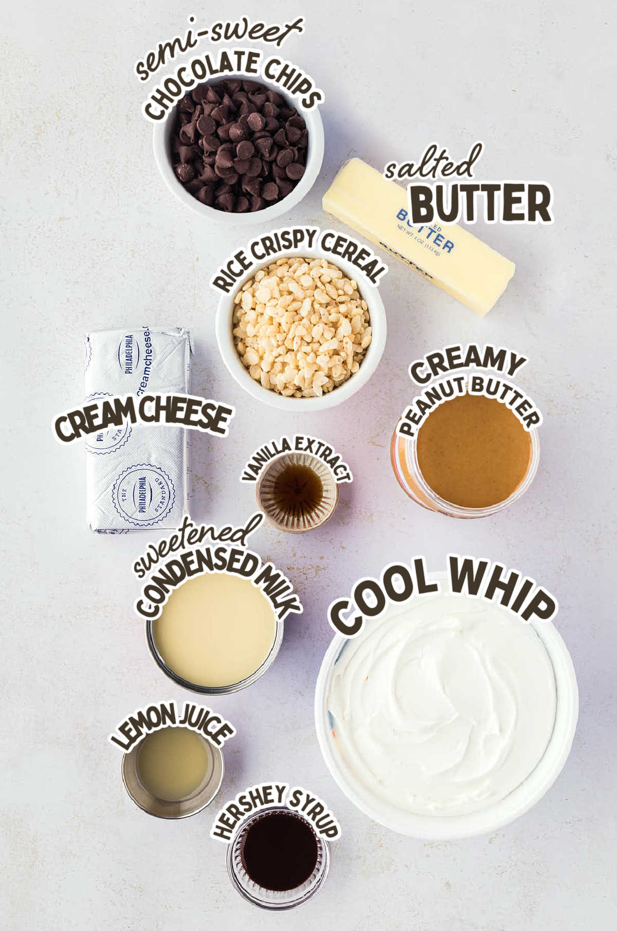 Ingredients needed to make a No-Bake Peanut Butter Pie. 