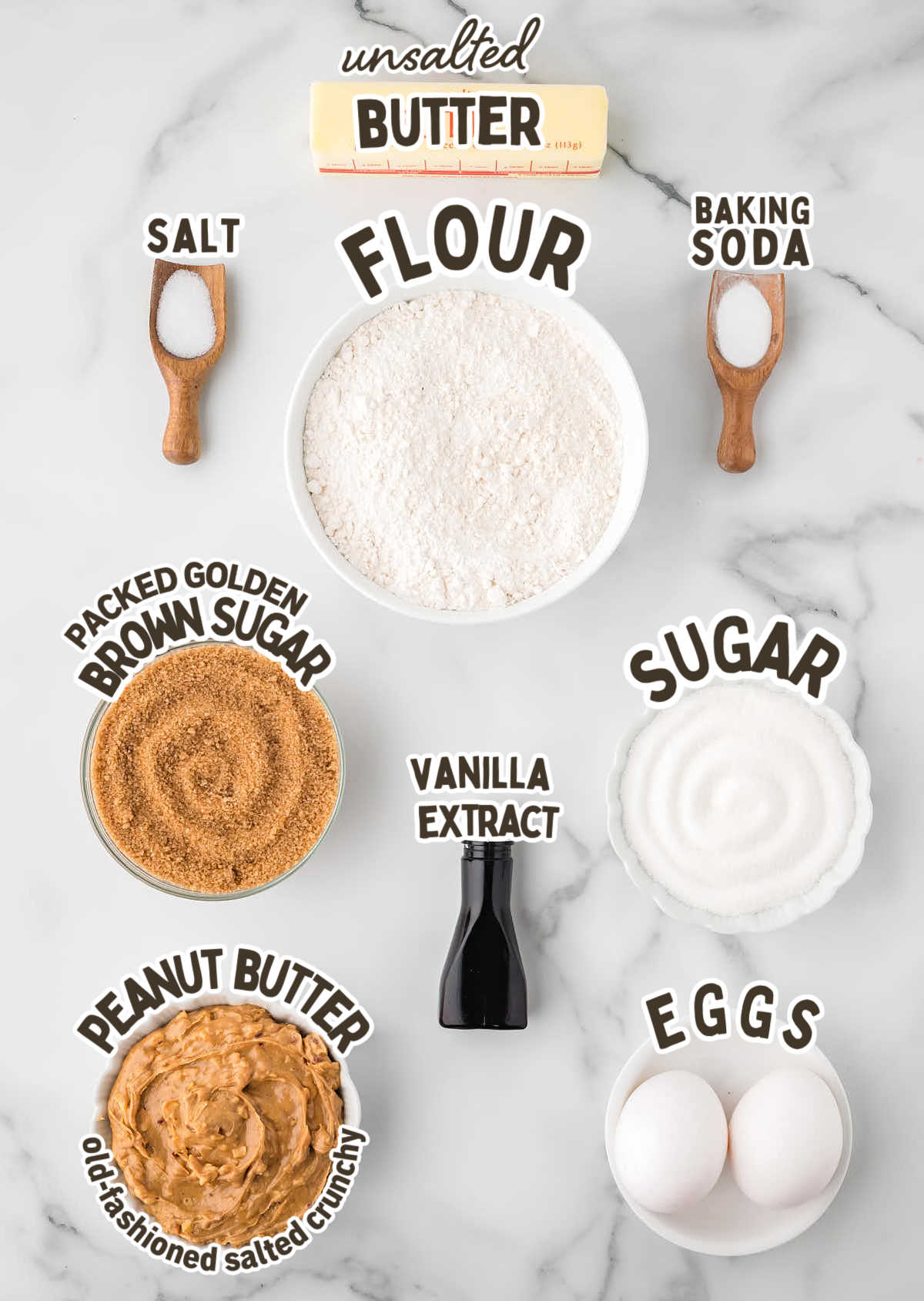 Ingredients needed to make Old-Fashioned Peanut Butter Cookies.