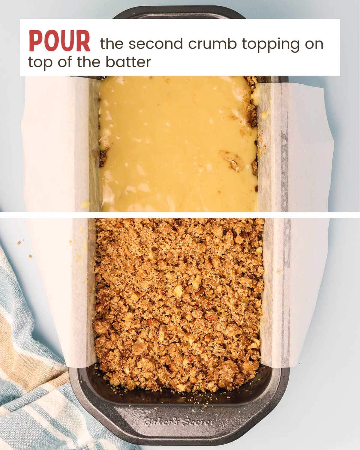 Sprinkle the top layer of crumb topping on top of the batter.
