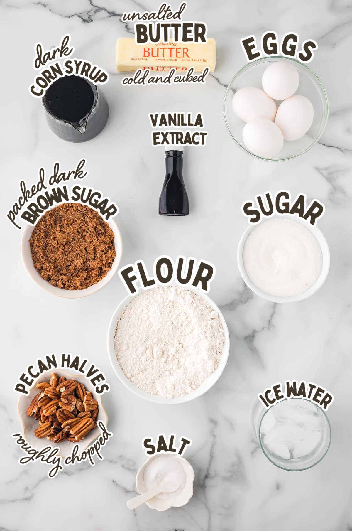 Ingredients needed to make Pecan Pie.