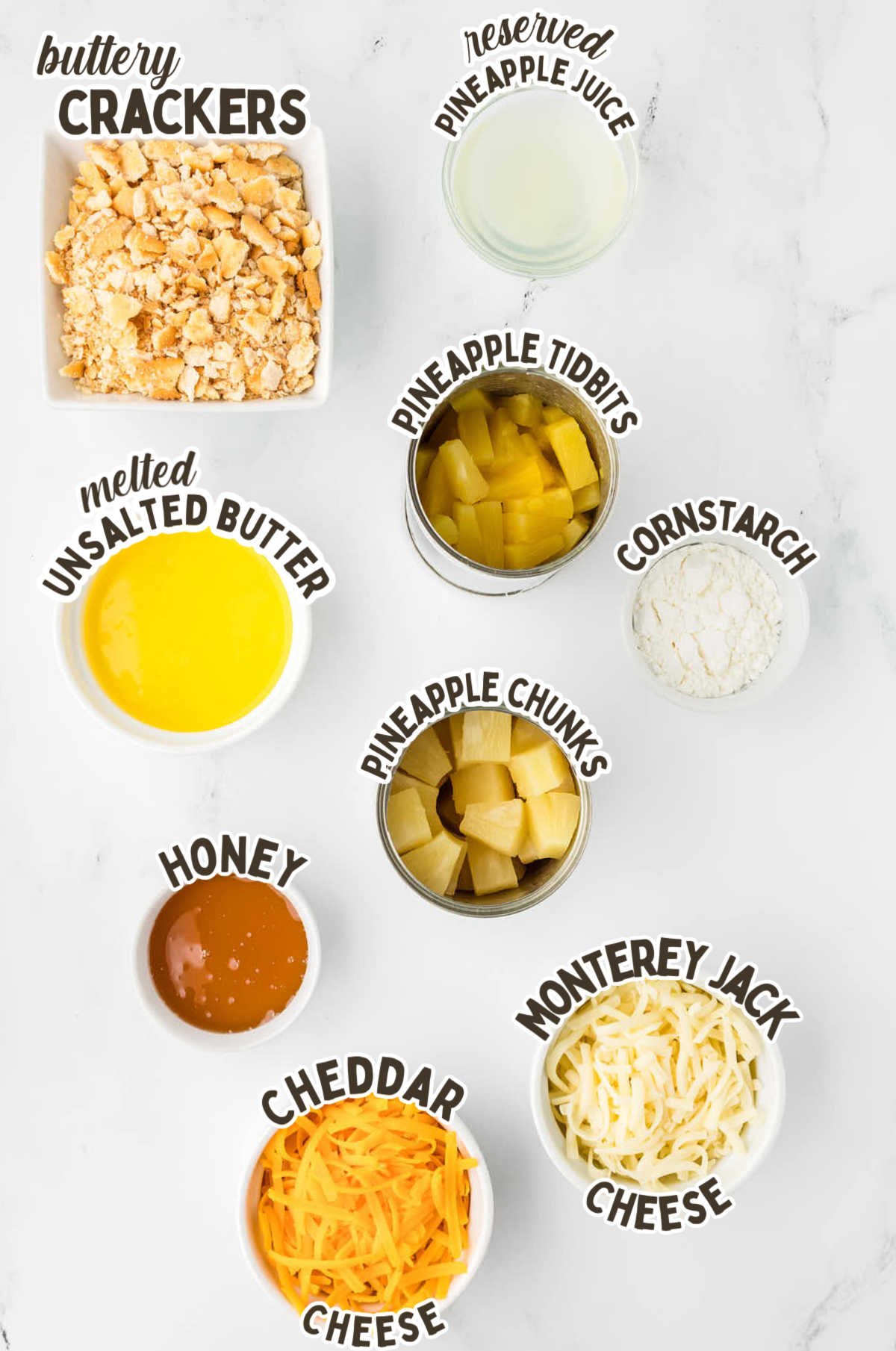Ingredients needed to make a Pineapple Casserole.