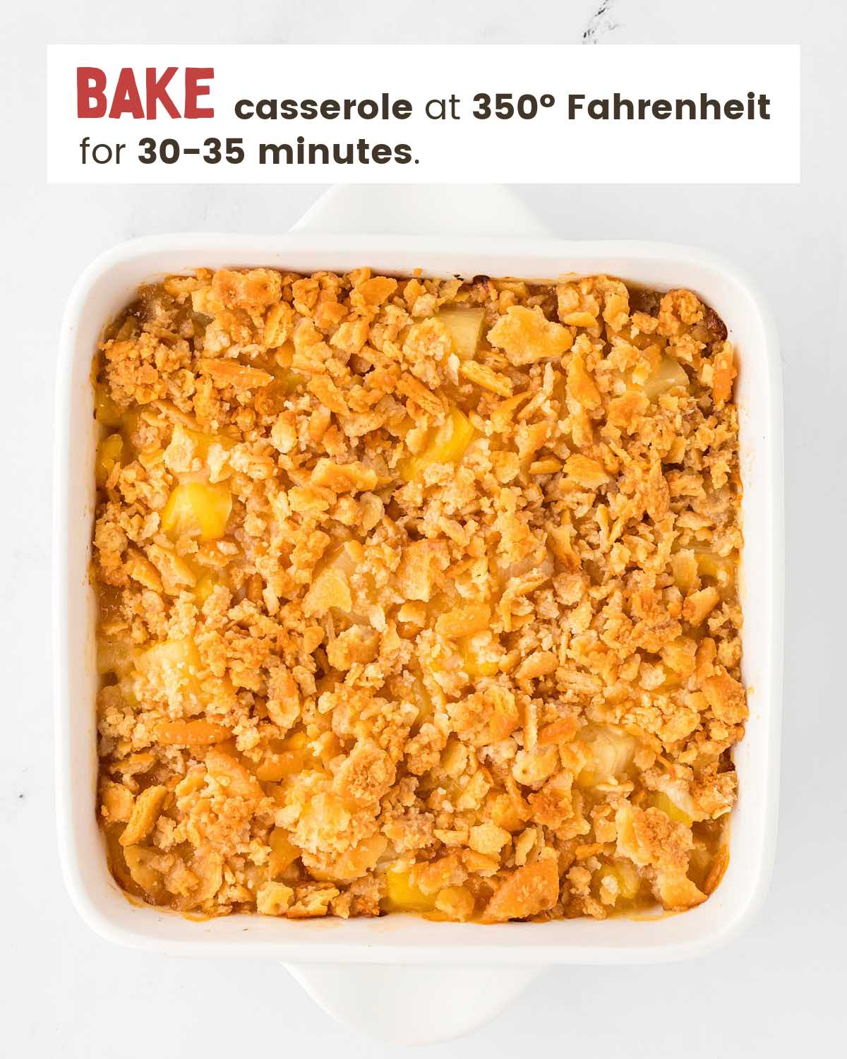 Baked Pineapple casserole in a baking dish.