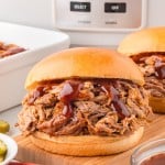 Pulled Pork made in a slow cooker and served on a bun.