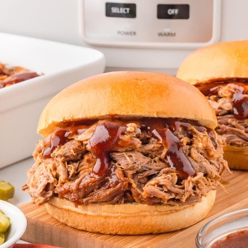 Pulled Pork made in a slow cooker and served on a bun.