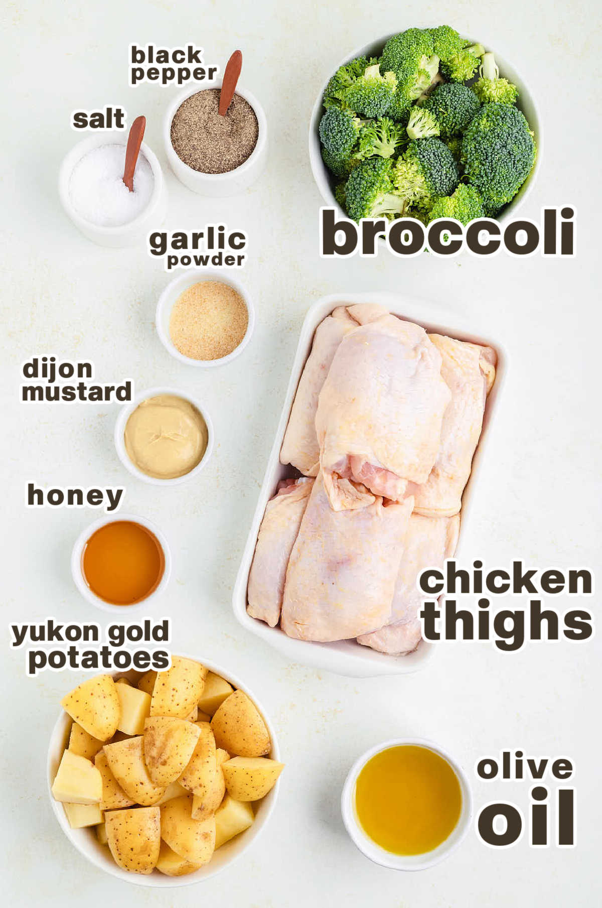Ingredients needed to make Sheet Pan Honey Mustard Chicken Thighs with Potatoes and Broccoli.